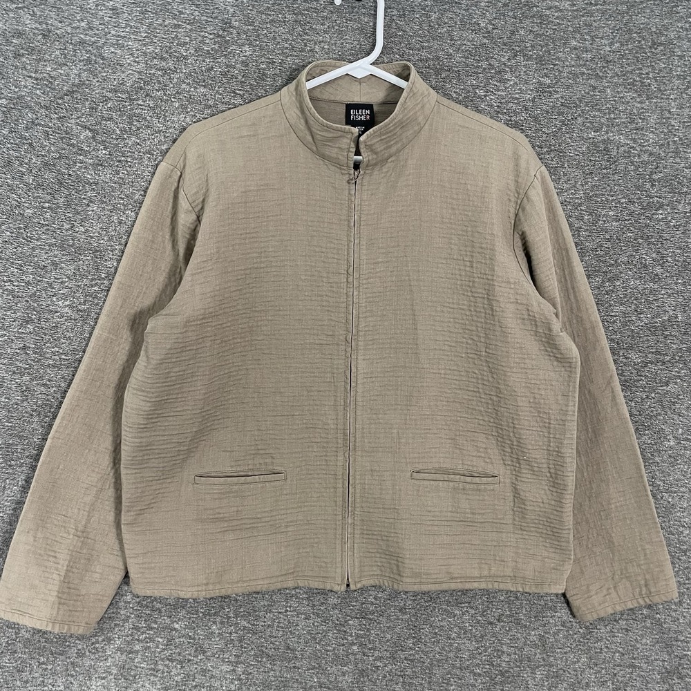 Eileen Fisher Jacket Womens Small Beige Cotton Twill Full Zip Collared Pockets